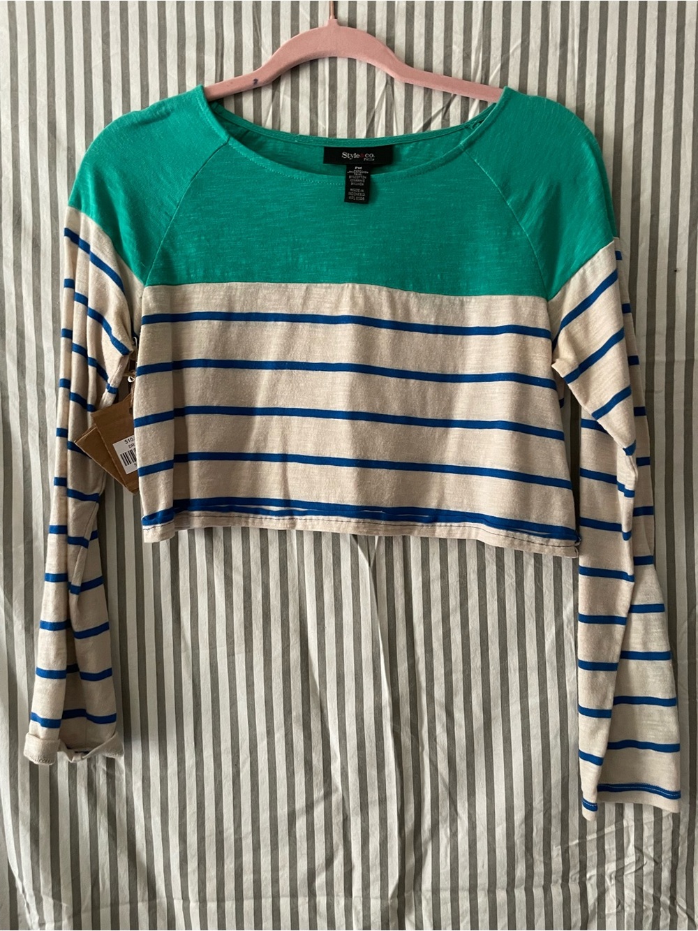 Blue, Green and Cream Striped Long-Sleeve Crop Top